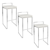 Fuji 30" Contemporary Stackable Barstool in Stainless Steel with White Faux Leather by LumiSource - Set of 3