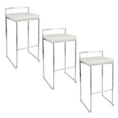 Fuji 30" Contemporary Stackable Barstool in Stainless Steel with White Faux Leather by LumiSource - Set of 3