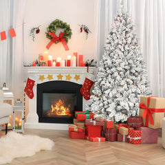 4.5FT Flocked Christmas Tree with 250 UL Lights and 24 Natural Pine Cones – Snowy PVC Tips, 498 Tips, Hinged Structure, Stable Metal Stand, Easy Setup