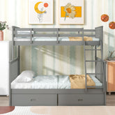 Twin Over Full Bunk Bed with Storage Drawers, Wooden Bunk Bed with Ladder and Safety Guard Rails –Gray