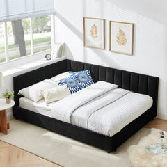 Full Size Upholstered Tufted Bed Frame, Sofa Bed Frame with Comfortable Backrest and Armrests, Full Size Bed for Bedroom, Living Room,Velvet-Black(81''*60''*29.5'')