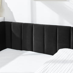Full Size Upholstered Tufted Bed Frame, Sofa Bed Frame with Comfortable Backrest and Armrests, Full Size Bed for Bedroom, Living Room,Velvet-Black(81''*60''*29.5'')