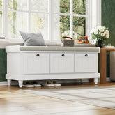 TREXM Classic Shoe Bench with Cushion and Three Drawers, Fluted Entryway Bench with Storage for Living Room, Entryway, and Hallways