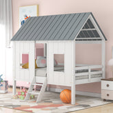 Twin Size Low Loft House Bed with Roof and Two Front Windows , White