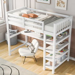 Twin Size Loft Bed with Storage Shelves and Under-bed Desk, White