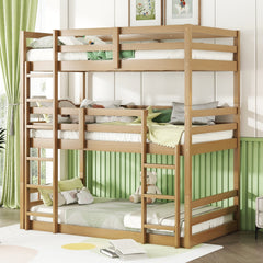 Triple Rubber Wood Bunk Bed with Two Built-in Ladders, Guardrails, Twin over Twin over Twin, Detachable Triple Twin Bunk Bed,Natural