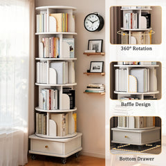 6 Tier Rotating Bookshelf, 360° Display Round Spinning Bookshelf with Wheels and Drawer, Space-Saving, Small Space Rotating Bookshelf Tower for Bedroom, Living Room, Home, Office, Warm White