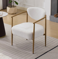 White teddy velvet dining room chair, living room chair, bedroom chair, velvet cover with foam back and seat,soft and comfortable seating, metal frame with water transfer pringting, wood grain visual