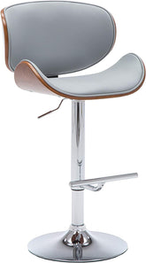 Modern Contemporary Swivel Walnut Bentwood Lift Adjustable Height Bar Stool with Curved Seat and Back (Gray)