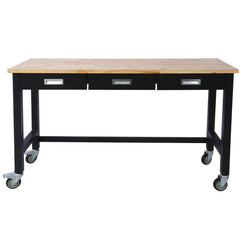 60in Work Bench, Workbench with Drawer Storage, Heavy Duty Bamboo Wood Work Table with Wheels for Garage Home Office