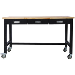 60in Work Bench, Workbench with Drawer Storage, Heavy Duty Bamboo Wood Work Table with Wheels for Garage Home Office
