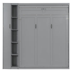 Queen Size Murphy Bed Wall Bed with Shelves, Wardrobe and LED Lights,Gray