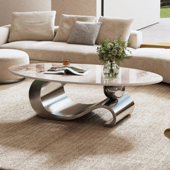 49.2" Faux Marble Oval Coffee Table, Contemporary Gray Stainless Steel Base, Modern Center Table for Living Room