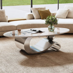 49.2" Faux Marble Oval Coffee Table, Contemporary Gray Stainless Steel Base, Modern Center Table for Living Room