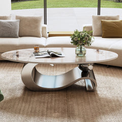 49.2" Faux Marble Oval Coffee Table, Contemporary Gray Stainless Steel Base, Modern Center Table for Living Room