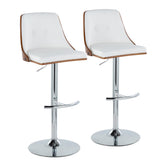 Gianna Mid-Century Modern Adjustable Barstool with Swivel in Chrome Metal, Walnut Wood and White Faux Leather with Rounded T Footrest by LumiSource - Set of 2