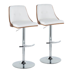 Gianna Mid-Century Modern Adjustable Barstool with Swivel in Chrome Metal, Walnut Wood and White Faux Leather with Rounded T Footrest by LumiSource - Set of 2