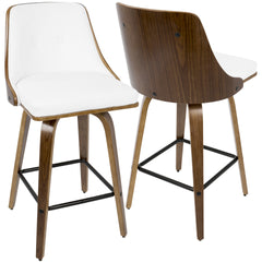 Gianna 26" Mid-Century Modern Counter Stool in Walnut with White Faux Leather by LumiSource - Set of 2