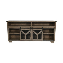 65.3" TV Stand with LED light strips and Iron mesh barn door Y decorative strip country grey farmhouse style