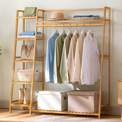Bamboo Clothing Garment Rack, Free Standing Clothes Coat Hanger, Closet Organizer w/Shoe Rack, Multi-tiered Wardrobe Storage Shelves, Clothes Hanging Racks for Hall, Living Room, Bedroom, Entryway