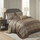 5 Piece Reversible Jacquard Bedspread Set Brown/Gold Queen