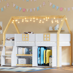 Full-size low loft bed with Step Staircase, Shelving, Cabinets and LED lights, White and Natural