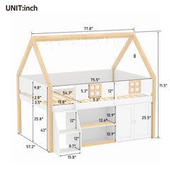 Full-size low loft bed with Step Staircase, Shelving, Cabinets and LED lights, White and Natural