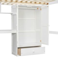 Full Size Loft Wood Bed with Desk, Book shelves and Wardrobe with Doors and Drawer, Built-in Staircase with Storage Shelves, Loft Bed with Safety Guardrails and Solid Slats,White