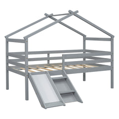 Twin Low Loft House Bed with Slide, Ladder, Safety Guardrails, House Roof Frame,Grey