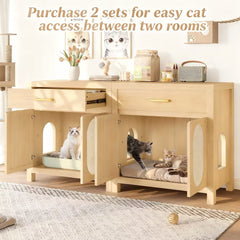 Cat Litter Box Enclosure, Hidden Cat Litter Box Furniture with Scratching Board Doors and Storage Drawer, Wooden Washroom Cat House Table Nightstand Box Cabinet, Natural