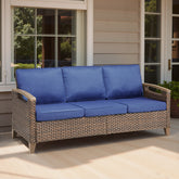 73.6" Wide Outdoor Wicker Patio Sofa, Deep Seating Outdoor Couch with Cushions for Porch Garden, Blue