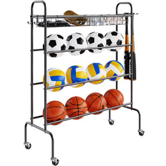 Basketball Rack, 4-Layers Rolling Basketball Shooting Training Stand, Sports Equipment Storage Organizer with Wheels, Hooks and Baskets, Garage Ball Storage Holder for Football Soccer Volleyball