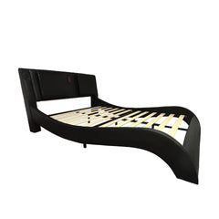 Faux Leather Upholstered Platform Bed Frame with led lighting, Bluetooth connection to play music control, Backrest vibration massage, Curve Design, Wood Slat Support, Exhibited Speakers, Queen