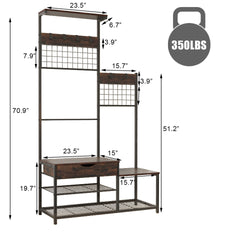 4-in-1 Hall Tree with Storage Drawer & Soft Cushion - Industrial Entryway Bench Coat Rack, Antique Brown, Parent-Child Design with Stable Metal Frame