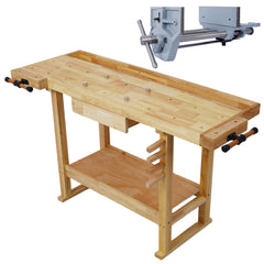 55-Inch Wood Workbench - Wooden Workbench for Garage Workshop and Home, with Rapid Action Woodworking Vise 9 Inch Jaw Width Made with Heavy-Duty Cast Iron ,GRAY