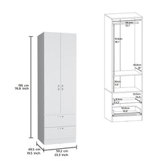 Armoire Wardrove 76 inch H, Hanging Rod, 2 Drawers, 1 Shelf, White