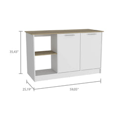 Kitchen Island with Large Countertop, Open Storage Shelves and Double Door Cabinet, White / Light Oak