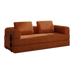 Convertible Sleeper Sofa Bed with Cylindrical Pillow - Corduroy Folding Mattress Couch with Fixed-Shape Frame for Living Room, Bedroom, Lounge, Studio-Orange