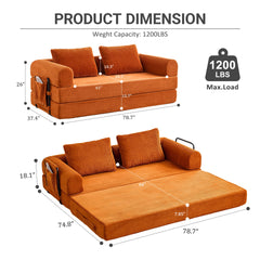 Convertible Sleeper Sofa Bed with Cylindrical Pillow - Corduroy Folding Mattress Couch with Fixed-Shape Frame for Living Room, Bedroom, Lounge, Studio-Orange