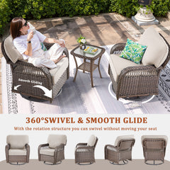 Outdoor Glider Chairs Set of 2, Brown Wicker Patio Furniture Swivel Rockers with T Shape-Back Cushions and 5" Thick Foam, Ideal for Porch and Yard, Beige