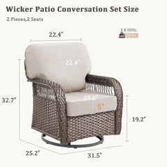 Outdoor Glider Chairs Set of 2, Brown Wicker Patio Furniture Swivel Rockers with T Shape-Back Cushions and 5" Thick Foam, Ideal for Porch and Yard, Beige