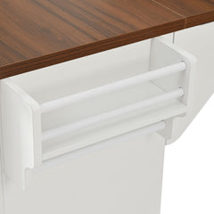 K&K 52" Fluted Kitchen Island with Drop Leaf, Power Outlet, Kitchen Storage Cart with Adjustable Shelves, 2 Doors and 2 Drawers, Rolling Island Table with Walnut Color Top for Kitchen, White