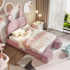 Full Size Upholstered Platform Bed with Cartoon Ears Shaped Headboard and Light, Pink