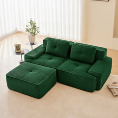 82" Modern L-Shaped Modular Sectional Sofa for Living Room, Corduroy Fabric, 2-Seater Couch with Deep Seat and Movable Ottoman, Pearl-like piping, Tufted Design, No Assembly, Anti-slip Design, Green