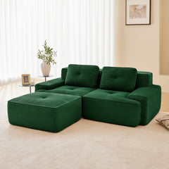 82" Modern L-Shaped Modular Sectional Sofa for Living Room, Corduroy Fabric, 2-Seater Couch with Deep Seat and Movable Ottoman, Pearl-like piping, Tufted Design, No Assembly, Anti-slip Design, Green