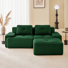 82" Modern L-Shaped Modular Sectional Sofa for Living Room, Corduroy Fabric, 2-Seater Couch with Deep Seat and Movable Ottoman, Pearl-like piping, Tufted Design, No Assembly, Anti-slip Design, Green