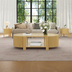 Oval Fluted Coffee Table with Storage for Living Room, Rubber Solid Wood, 1 shelf & 2 Open Storage Doors, Natural, 47"