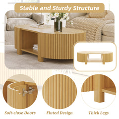 Oval Fluted Coffee Table with Storage for Living Room, Rubber Solid Wood, 1 shelf & 2 Open Storage Doors, Natural, 47"