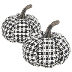 Set of 2, 7x7x6.7" Fabric Black-White Plaid Pumpkin Decor, for Holiday Halloween Decoration