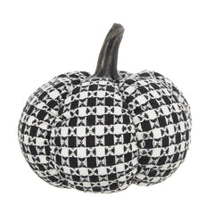 Set of 2, 7x7x6.7" Fabric Black-White Plaid Pumpkin Decor, for Holiday Halloween Decoration